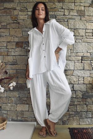 Annie Cushion Cotton Cuff Barrel Pant White